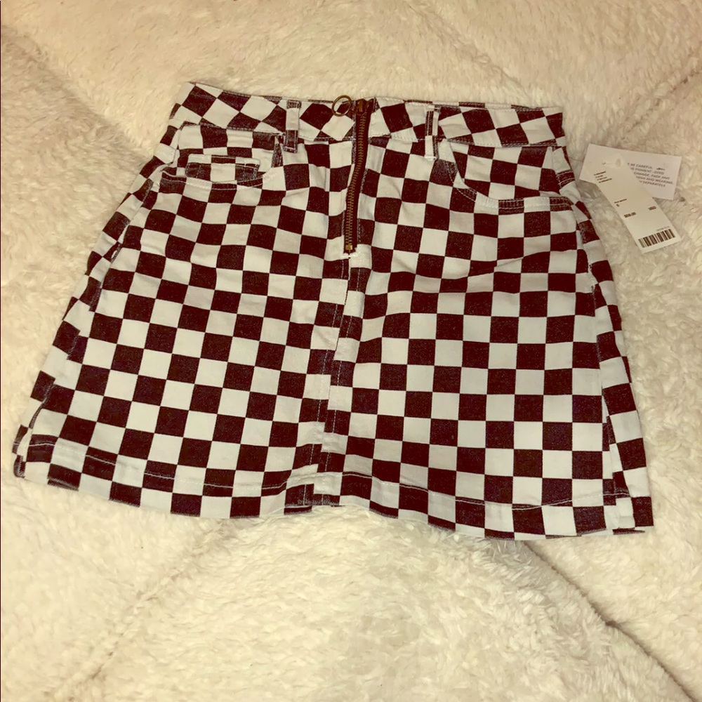 UO BDG Black White Zip Checkered Denim Ska Skirt